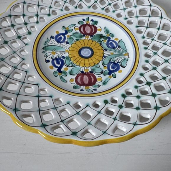 Modra Decorative Plate With  Reticulated Lattice Floral Yellow White Green vtg - Picture 2 of 8